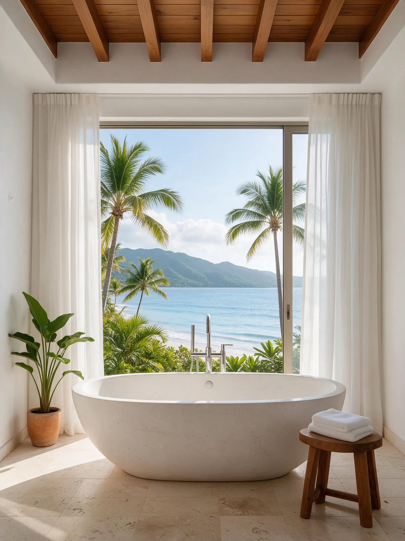 Freestanding stone tub facing a window onto palms and the sea