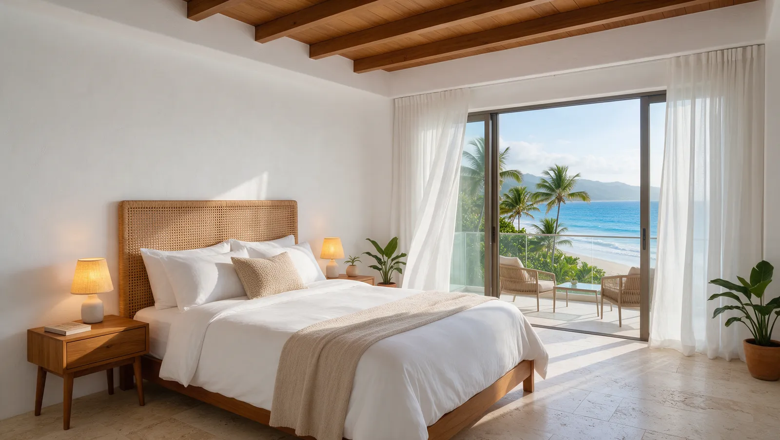 Primary bedroom with white linen and a balcony over the sea