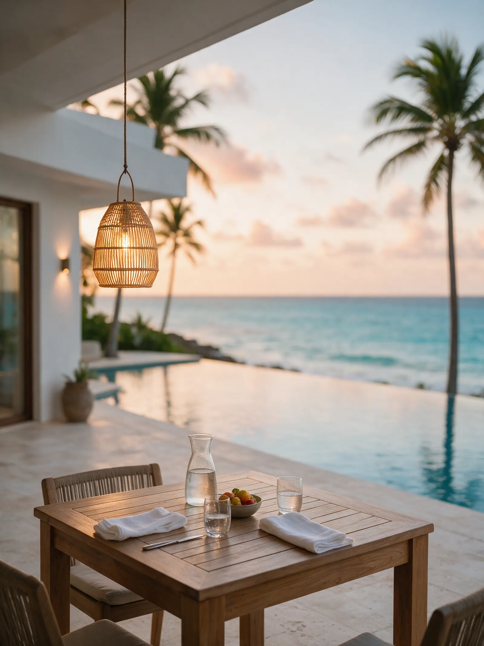 Terrace table for two at sunset above the pool and sea
